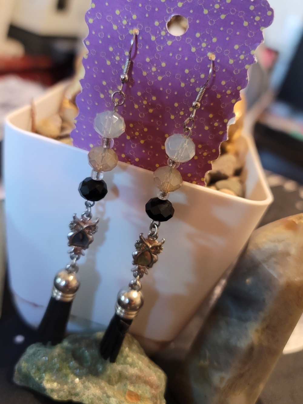 🔥3 For $20 Handmade Black and Gray Beaded Tassel Owl Earrings